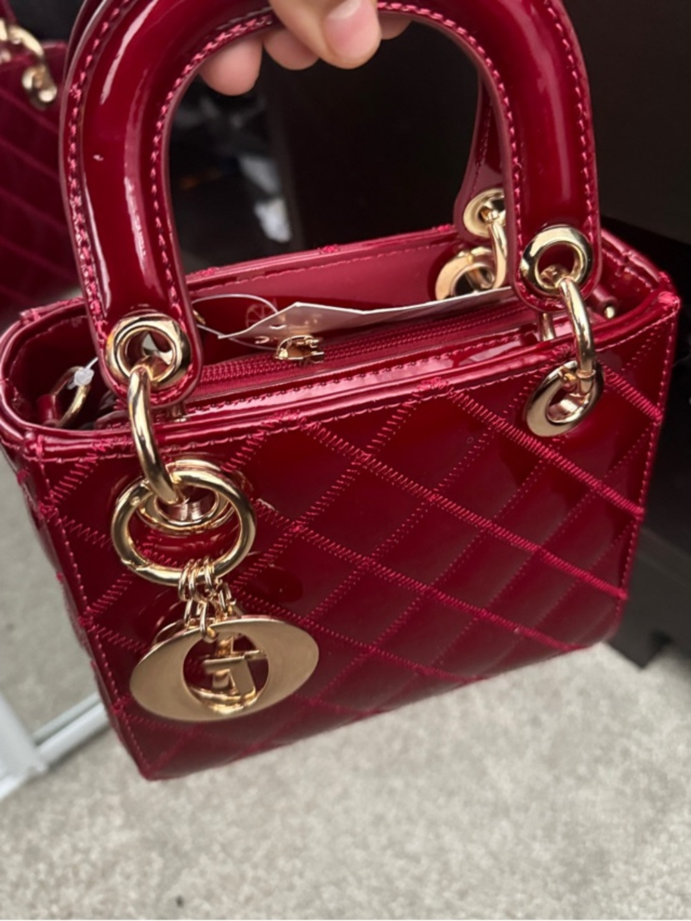 NWT Patent Quilted Mini Top-Handle Bag Gold Hardware shoulders strap